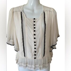 Jade&Cloud 100% silk blouse size L,off white with black detailing, bell sleeves